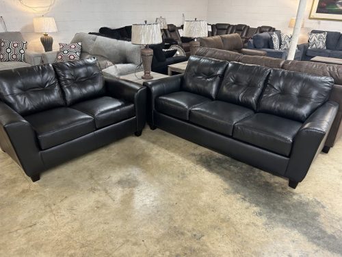 AW #2024 - Stationary Leather Black Sofa & Loveseat