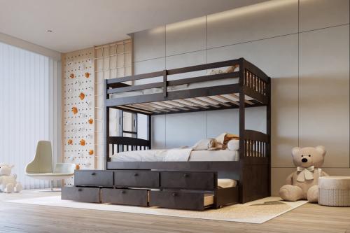 Happy Homes - Wooden TWIN/TWIN Bunk Bed with Twin Trundle  3 Storage Drawers 
