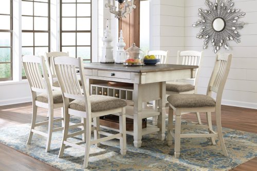 Ashley Furniture #D647-32; Counter Height Table & 6 Chairs (with storage & wine cabinet) - White Wash/Two Tone 
